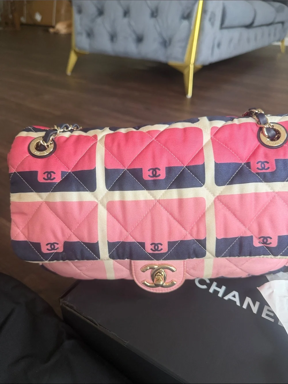 CHANEL Pink Quilted Shoulder Bag with Navy and Cream Grid